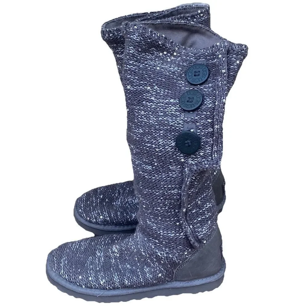 UGG Classic Cardy Knit Tall Gray Slouch Sequin Boots Size 7 Winter Fall